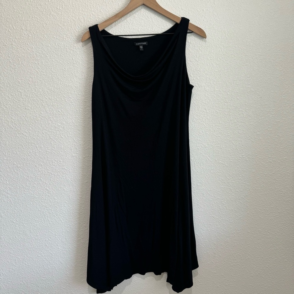 Eileen Fisher Small‎ Jersey Knit Tank Midi Dress Cowl Neck Asymmetric Hem Black